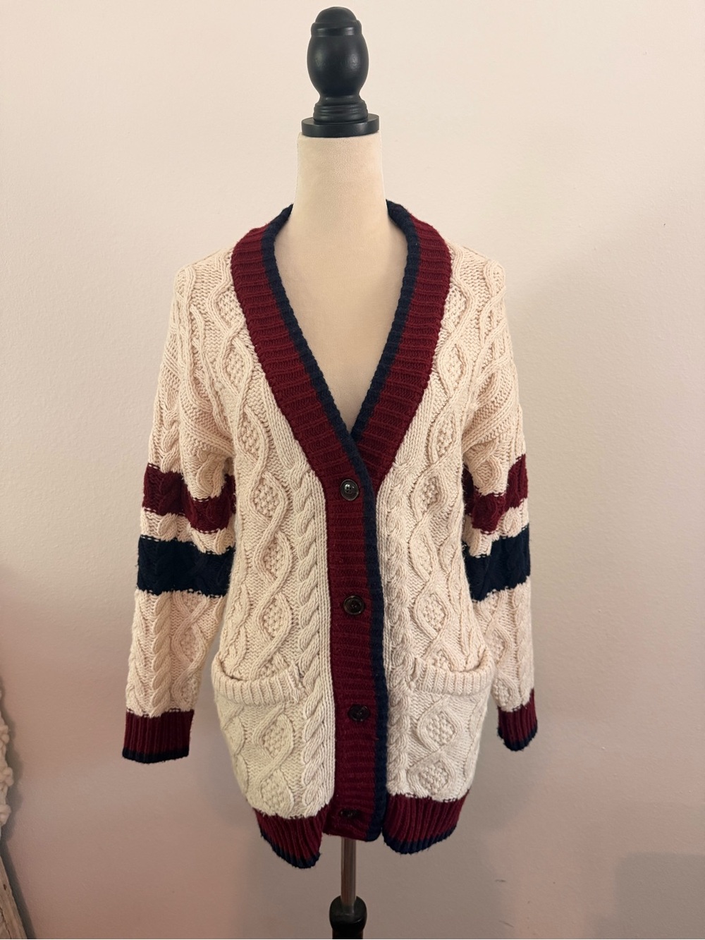 Oversized GrandpaCore Cable Knit Button-Front Cardigan with Burgundy & Navy Trim